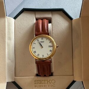 Seiko Gold-Tone Case White Dial Brown Leather Strap Watch
